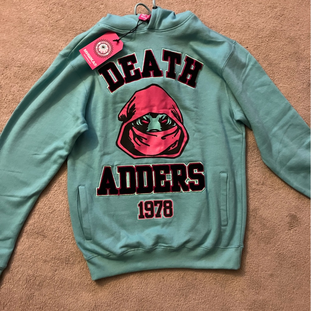 Teal Graphic Hoodie with Red and Black Design